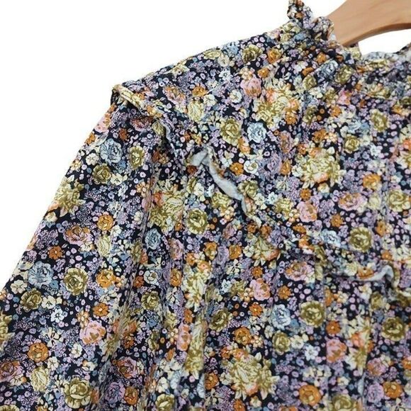 Universal Thread Blouse Womens XS Beige 3/4 Balloon Sleeve Shirred Neck Floral - Picture 6 of 10